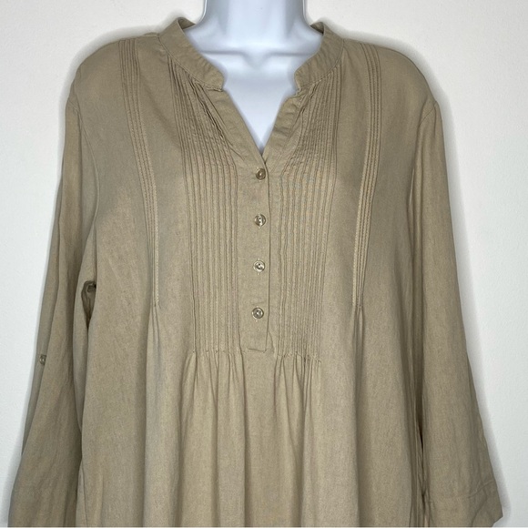 For Cynthia Natural Cream Tan Henley Front Linen Blend Dress - Picture 3 of 11